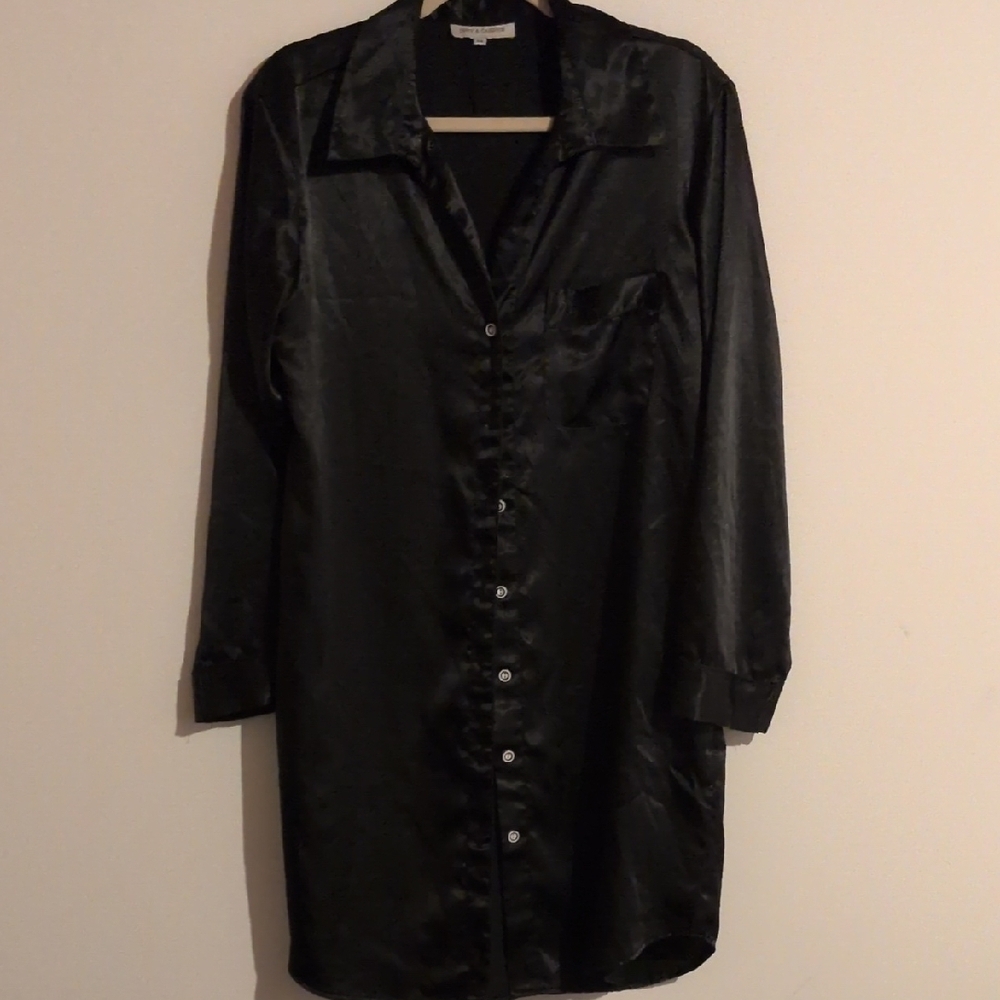 Black Satin Button-Up Shirt Dress